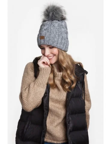 PaMaMi Damen Strick Mütze Beanie anthrazit grau Fell Bommel Fleece 18589