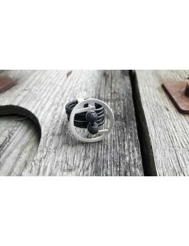 Giuno Ring Damenring Echtes Leder Metall schwarz silber Lava Steine Gr. 19