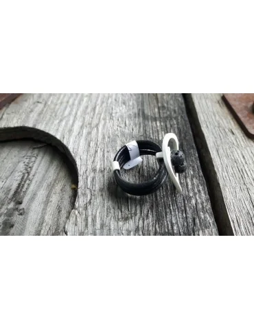 Giuno Ring Damenring Echtes Leder Metall schwarz silber Lava Steine Gr. 19