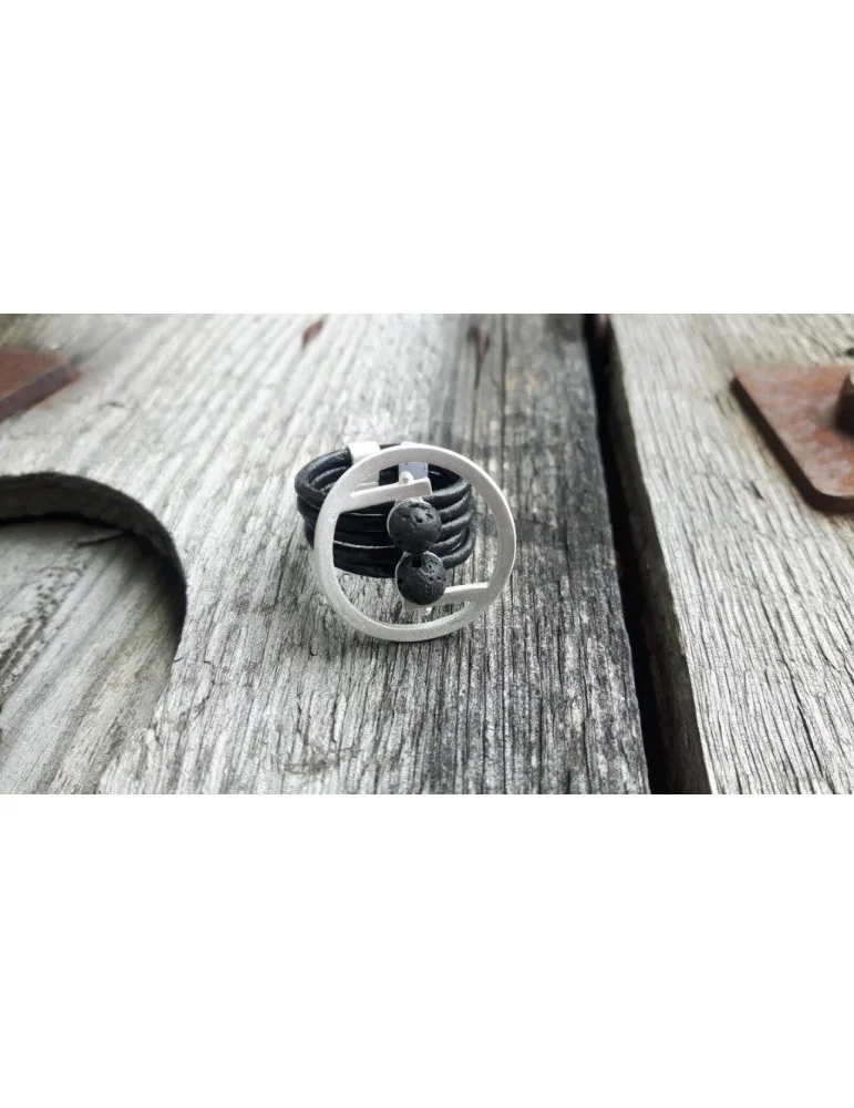 Giuno Ring Damenring Echtes Leder Metall schwarz silber Lava Steine Gr. 19
