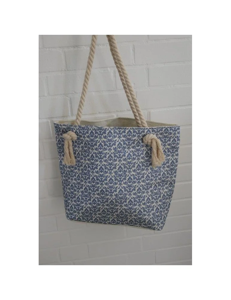 Badetasche Tasche Schultertasche creme blau Muster mit Kordel