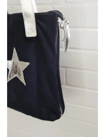 Damen Tasche Schultertasche Echtes Leder dunkelblau silberfarben Stern