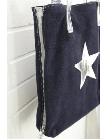 Damen Tasche Schultertasche Echtes Leder dunkelblau silberfarben Stern