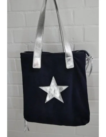 Damen Tasche Schultertasche Echtes Leder dunkelblau silberfarben Stern