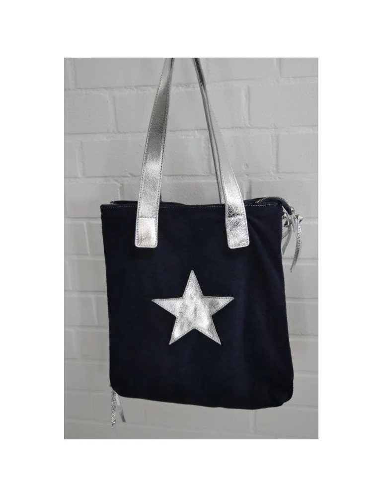 Damen Tasche Schultertasche Echtes Leder dunkelblau silberfarben Stern
