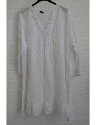 Xuna Damen Tunika Kleid 100% Leinen Raffung weiß white Onesize 38 - 46