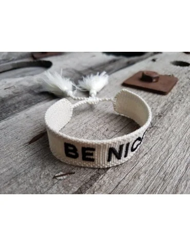 Web Armband mit Trotteln creme schwarz "Be Nice" verstellbar