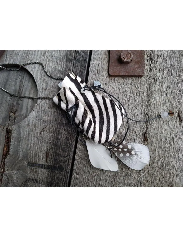 Modeschmuck Kette Damen Halskette lang schwarz weiß Zebra Metall Leder Textil