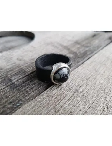 Ring Damenring Echtes Leder Metall silber schwarz grau Kunststoff Stein