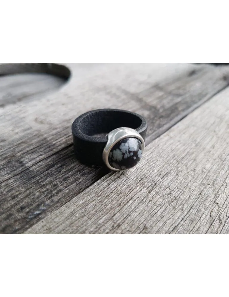 Ring Damenring Echtes Leder Metall silber schwarz grau Kunststoff Stein