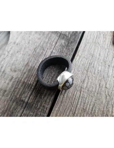 Ring Damenring Echtes Leder Metall silber schwarz grau Kunststoff Stein