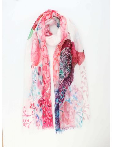 Leichter XL Damen Schal Tuch weiß pink rot türkis bunt Blumen Vögel