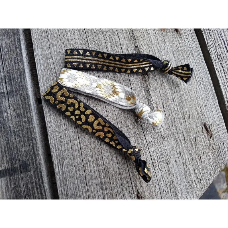 3er Set Damen Gummi Armband Haarband schwarz weiß gold Stoff Onesize elastisch