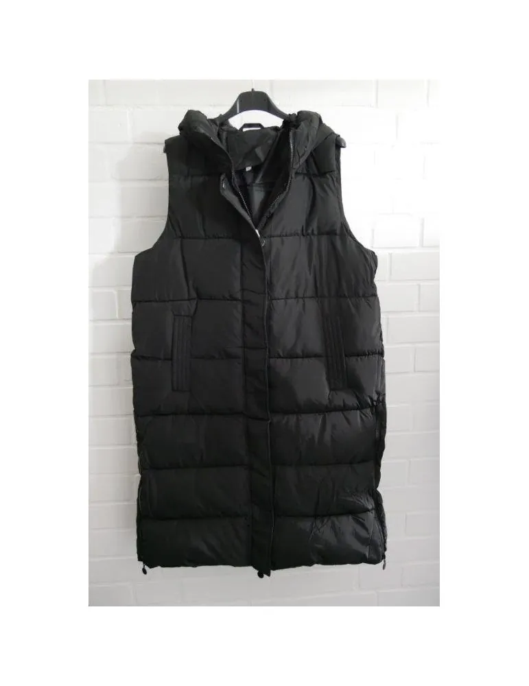 Trendiger Damen Stepp Mantel Jacke ärmellos schwarz Kapuze