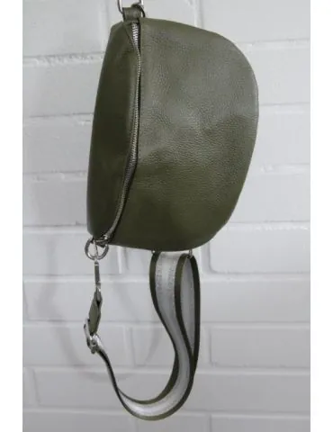 Taschen Gurt Handtasche Gürteltasche oliv silber weiß Streifen Glanz silberne Karabiner