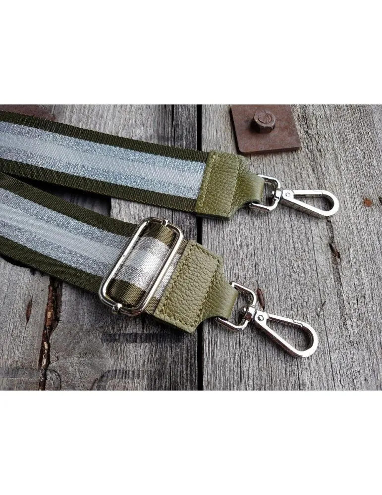 Taschen Gurt Handtasche Gürteltasche oliv silber weiß Streifen Glanz silberne Karabiner