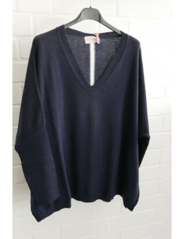 ESViViD Damen Strick Pullover V-Ausschnitt dunkelblau creme Streifen mit Wolle Onesize 38 - 48