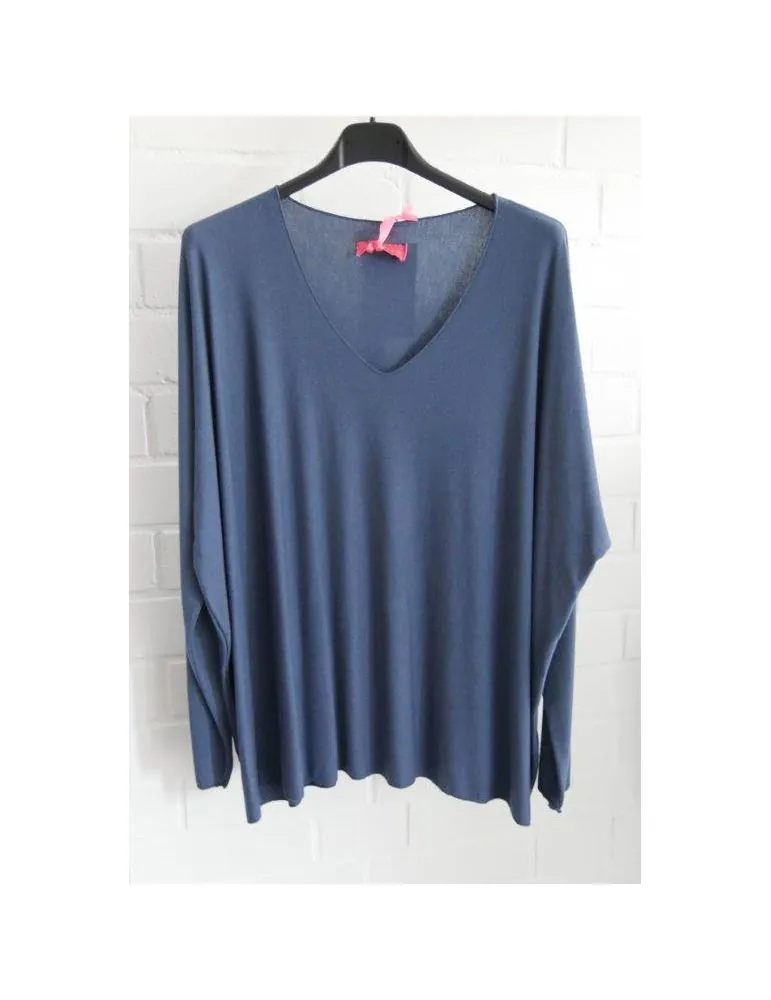 Damen Basic Shirt langarm jeansblau blau matt uni mit Viskose Onesize ca. 38 - 46