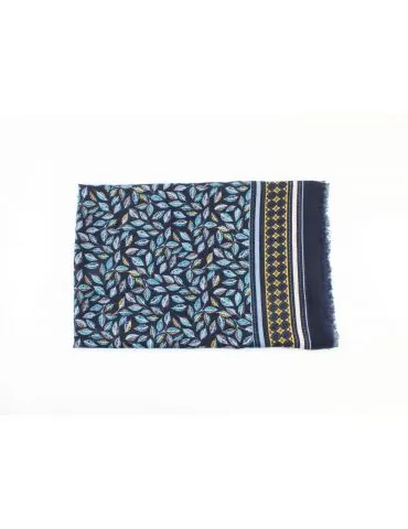 Leichter XXL Damen Schal Tuch dunkelblau hellblau türkis gelb bunt Blätter