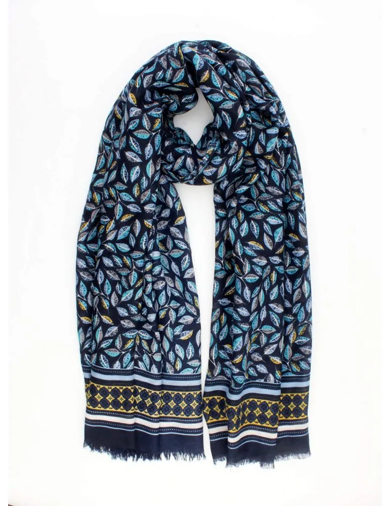 Leichter XXL Damen Schal Tuch dunkelblau hellblau türkis gelb bunt Blätter
