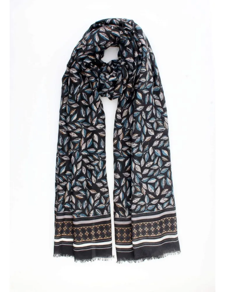 Leichter XXL Damen Schal Tuch schwarz beige petrol gelb bunt Blätter