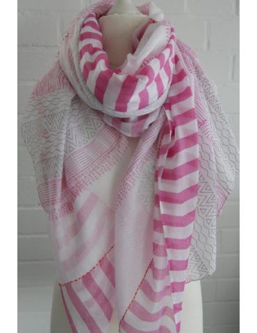Leichter XXL Damen Schal Tuch weiß pink schwarz orange Baumwolle Hand Made