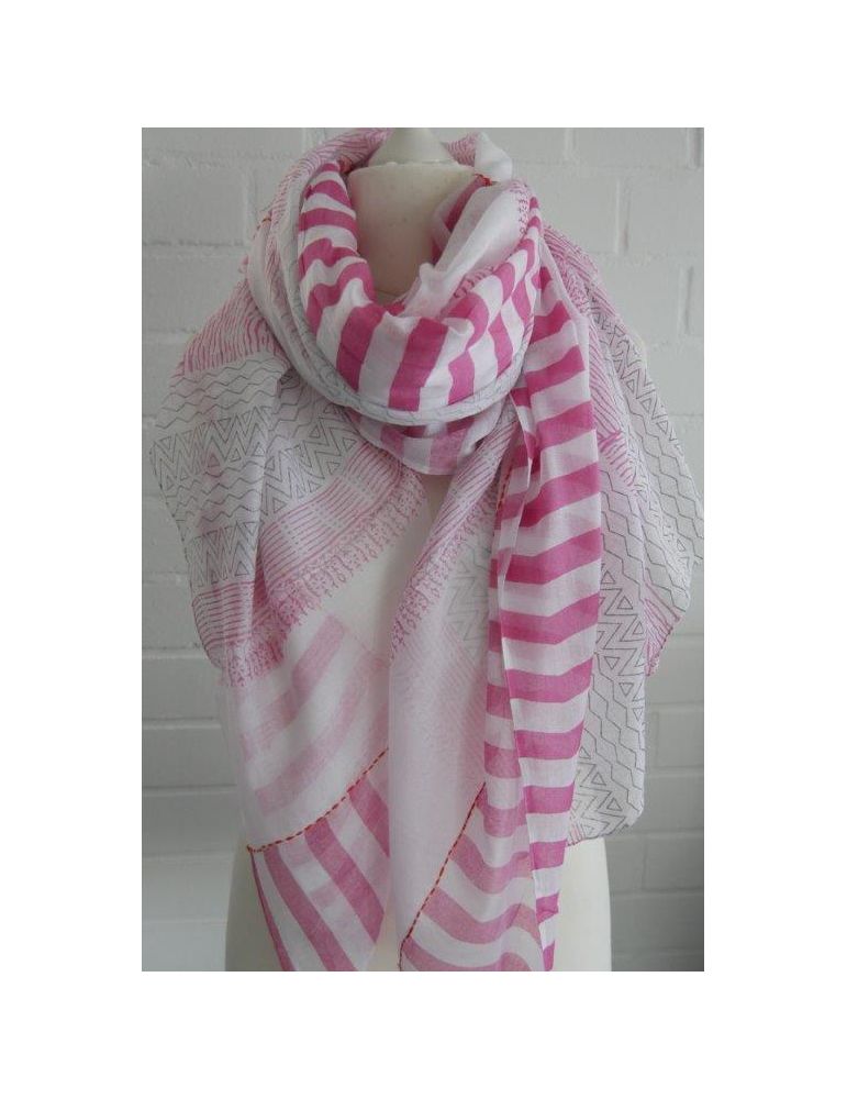 Leichter XXL Damen Schal Tuch weiß pink schwarz orange Baumwolle Hand Made