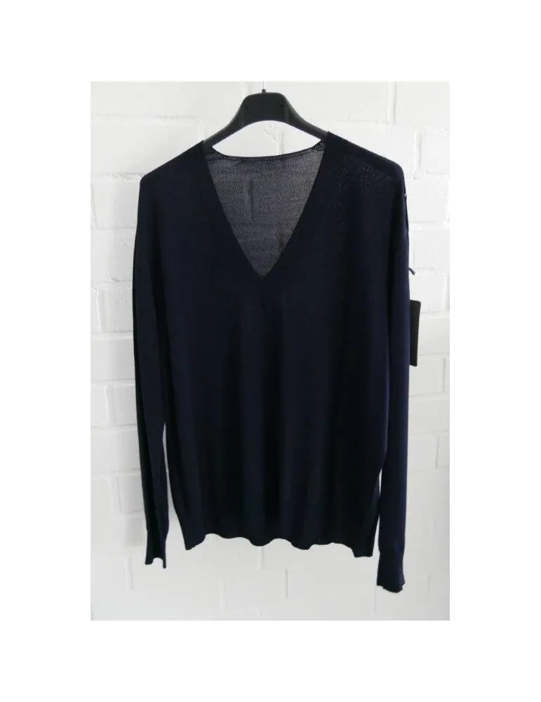 Leichter Damen Strick Pullover V-Ausschnitt dunkelblau marine uni mit Viskose Onesize ca. 38 - 42
