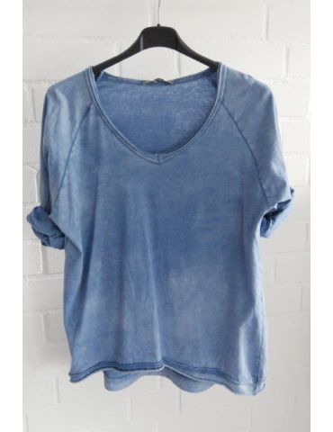 Damen Shirt langarm jeansblau blau V-Ausschnitt Baumwolle Onesize 38 - 42