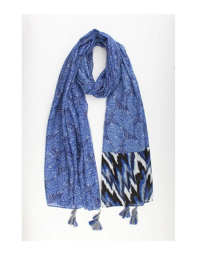 Leichter XL Damen Schal Tuch blau schwarz weiß hellgrau Phantasiemuster Izzie