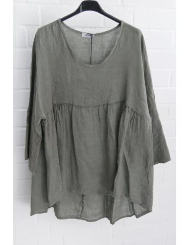 Xuna Oversize Damen Bluse Shirt 100% Leinen oliv verwaschen Trompetenärmel Onesize 38 - 40
