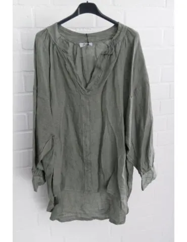 Xuna Oversize Damen Bluse Shirt 100% Leinen oliv khaki kaki  Ballonärmel Onesize 38 - 48