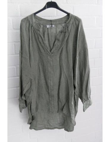 Xuna Oversize Damen Bluse Shirt 100% Leinen oliv khaki kaki verwaschen Ballonärmel Onesize 38 - 48
