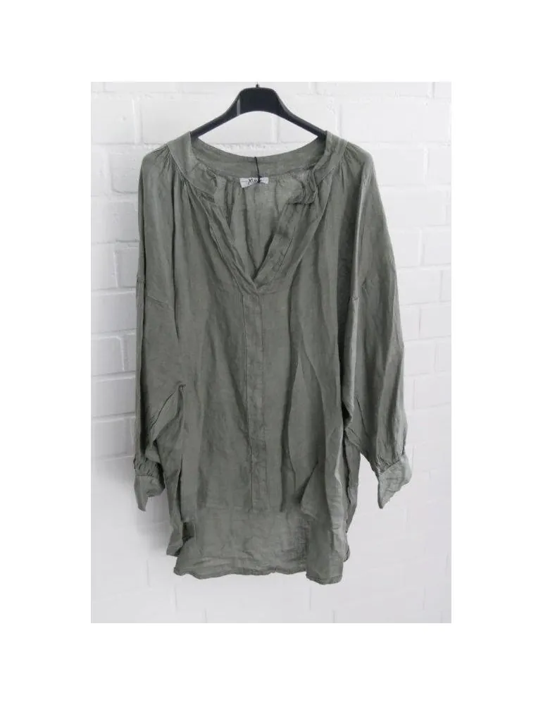 Xuna Oversize Damen Bluse Shirt 100% Leinen oliv khaki kaki  Ballonärmel Onesize 38 - 48