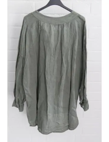 Xuna Oversize Damen Bluse Shirt 100% Leinen oliv khaki kaki Ballonärmel Onesize 38 - 48