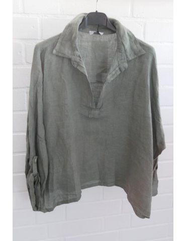 Xuna Oversize Damen Bluse oliv grün khaki kastig 100% Leinen verwaschen Onesize 38 - 46