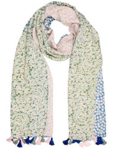 Leichter XL Damen Schal Tuch blau grün rose gelb bunt Streu Blumen Tasseln Quasten