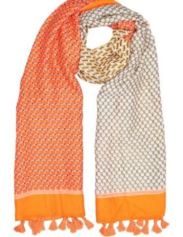 Leichter XL Damen Schal Tuch orange blau bunt Phantasiemuster Trotteln
