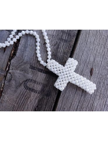 Modeschmuck Kette Halskette lang weiß white Kristallperlen Kreuz Kunststoff Metall