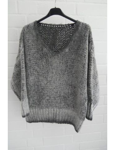 Damen Pullover grau grey verwaschen V-Ausschnitt mit Wolle Onesize ca. 38 - 40