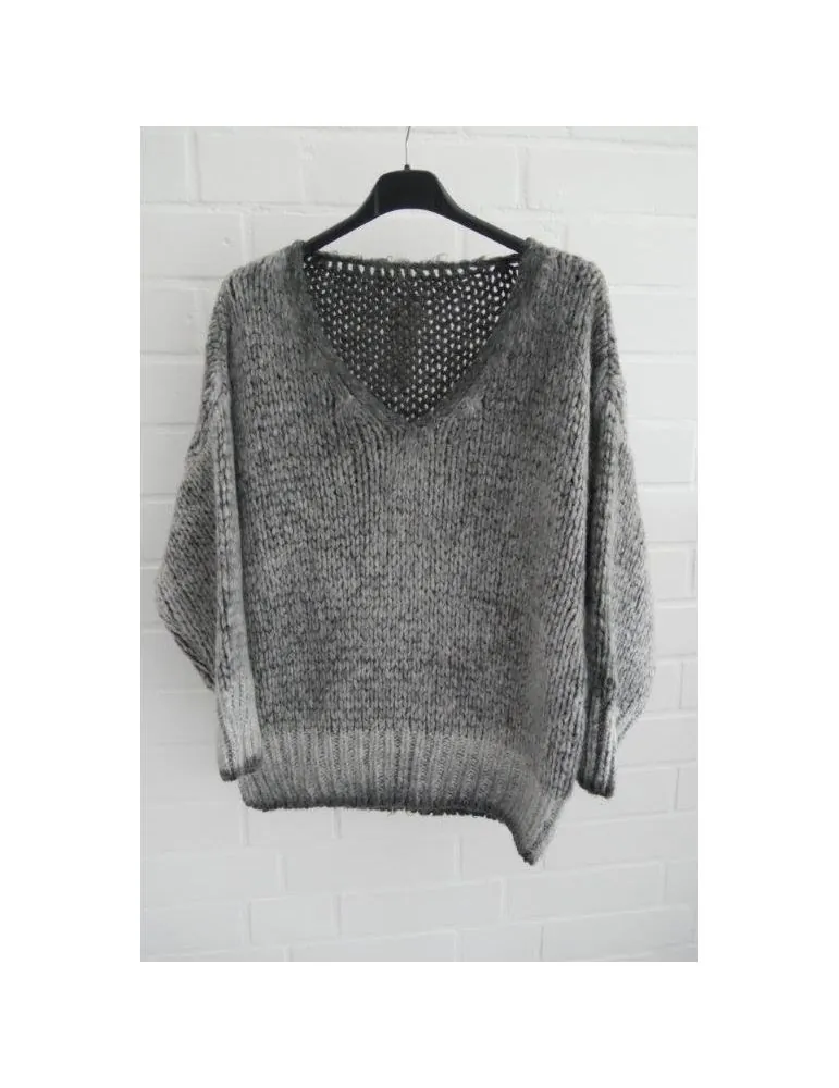 Damen Pullover grau grey verwaschen V-Ausschnitt mit Wolle Onesize ca. 38 - 40