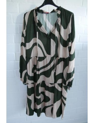 Damen Tunika Kleid A-Form beige oliv Muster Bänder Onesize ca. 38 - 42