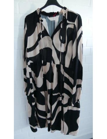 Damen Tunika Kleid A-Form beige schwarz Muster Bänder Onesize ca. 38 - 42