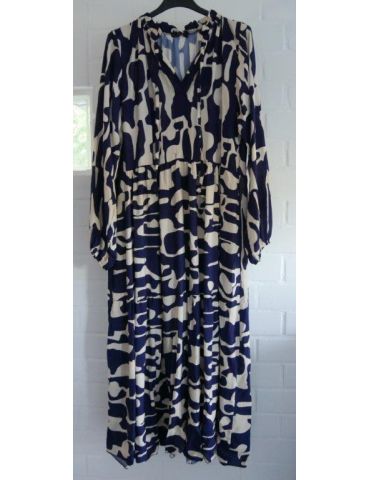 Damen Midi Kleid A-Form beige dunkelblau Muster Bänder Onesize ca. 38 - 42