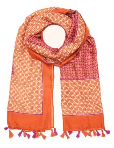 Leichter XL Damen Schal Tuch orange creme lila schwarz Trotteln Tasseln Muster