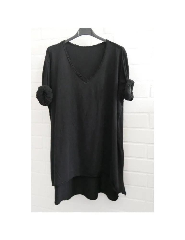 Damen langarm Shirt A-Form V Ausschnitt uni Baumwolle schwarz black Onesize 38 - 44