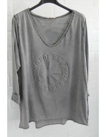 3D Damen Shirt langarm grau grey verwaschen uni mit Baumwolle Norderney Onesize 38 - 44