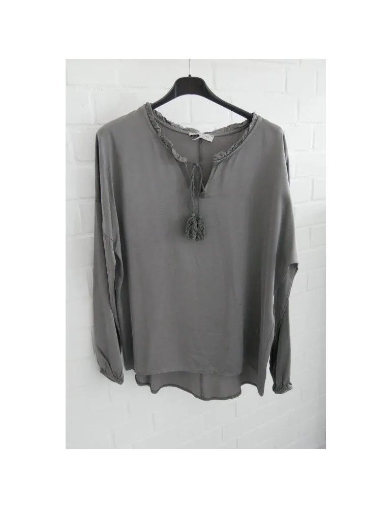 Damen Satin Bluse grau uni Rüschen Trottel Viskose Seide Onesize 38 - 42