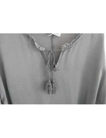 Damen Satin Bluse grau uni Rüschen Trottel Viskose Seide Onesize 38 - 42