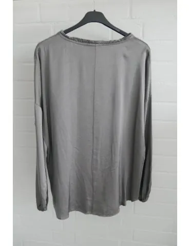 Damen Satin Bluse grau uni Rüschen Trottel Viskose Seide Onesize 38 - 42